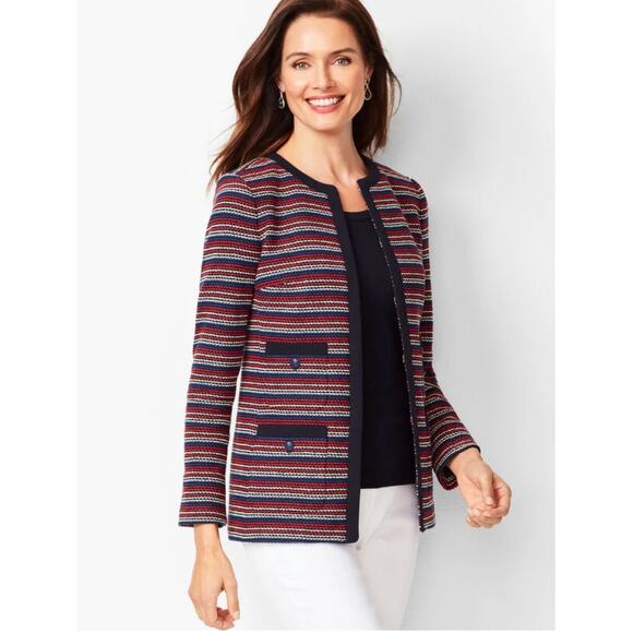 TALBOTS Boucle Striped Open Blazer Jacket Navy Red // XS - Picture 1 of 11